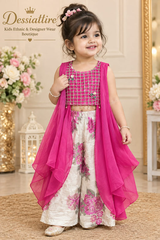 Girls’ Pink Layered Top & Floral Palazzo Set