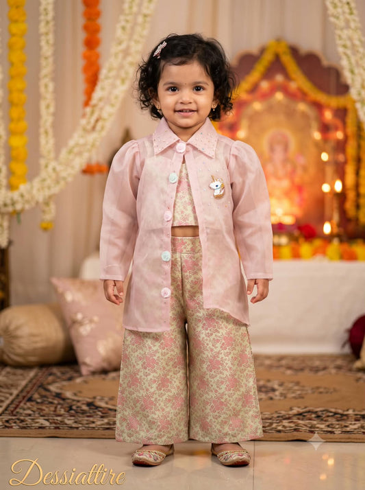 Girls’ Blush Pink Jacket-Style Kurta & Pants Set