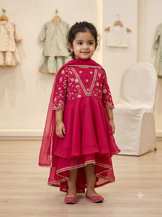 Girls’ Pink Embroidered Asymmetric Layered Kurta Set