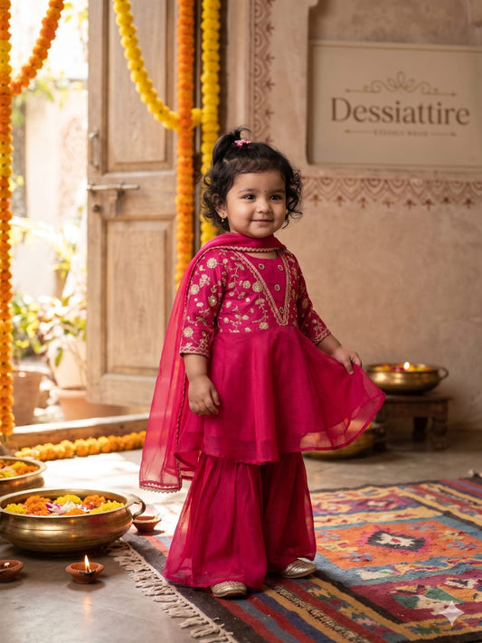 Girls’ Pink Embroidered Asymmetric Layered Kurta Set