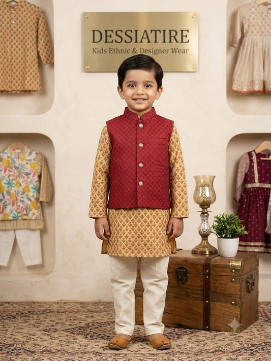 Maroon Nehru Jacket with Kurta and Pyjama Set for Boys