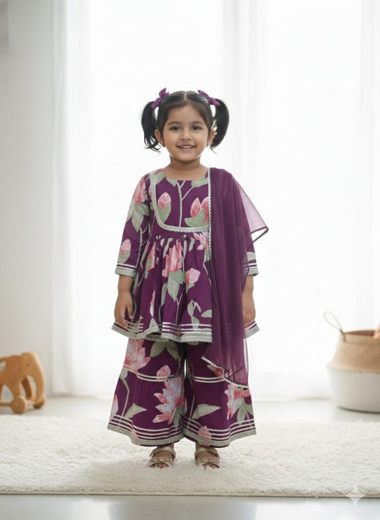 Purple Cotton Floral Sharara Set For Kids Girl