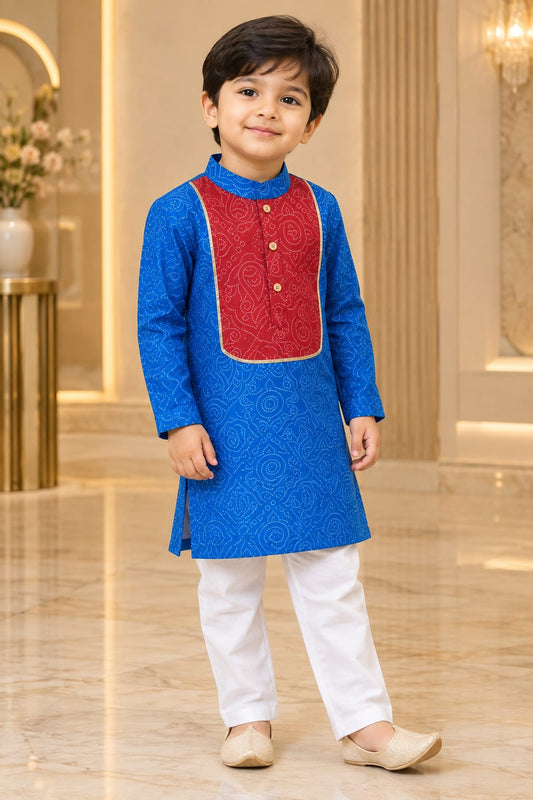 Blue & Red Cotton Kurta Pajama For Kids Boy