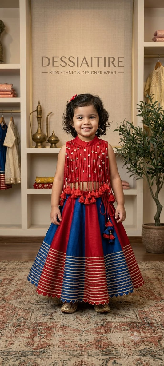Girl wearing a red tassel choli and red-blue panelled lehenga with gold-striped border