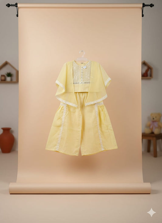 Yellow Cotton Doria Cape Pattern Coord Set For Kids Girl