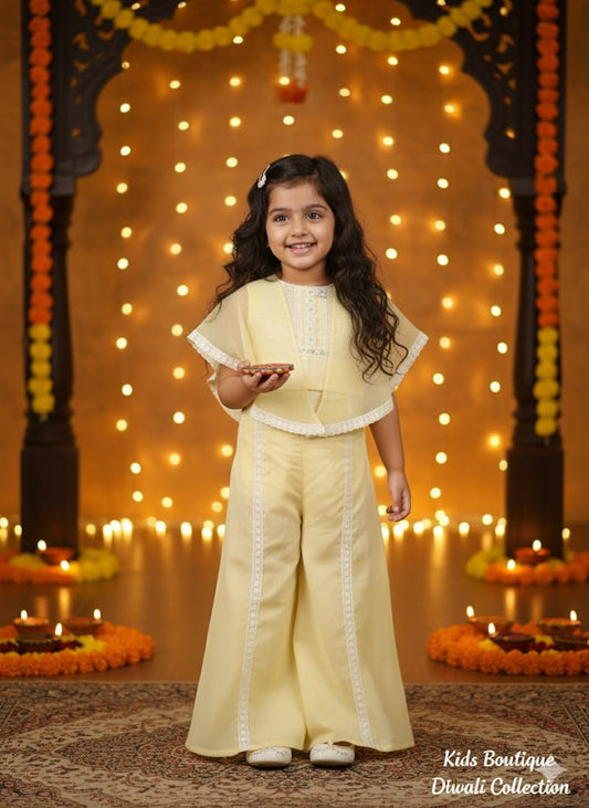Yellow Cotton Doria Cape Pattern Coord Set For Kids Girl