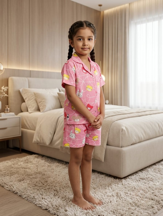 Girls Pink Cotton Night Suit Set - Top & Shorts