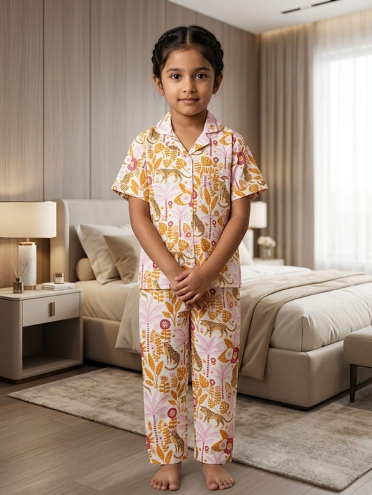 Girls Yellow Floral Print Cotton Night Suit Set