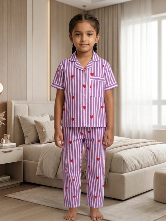 Girls Purple & White Stripe Cotton Night Suit Set