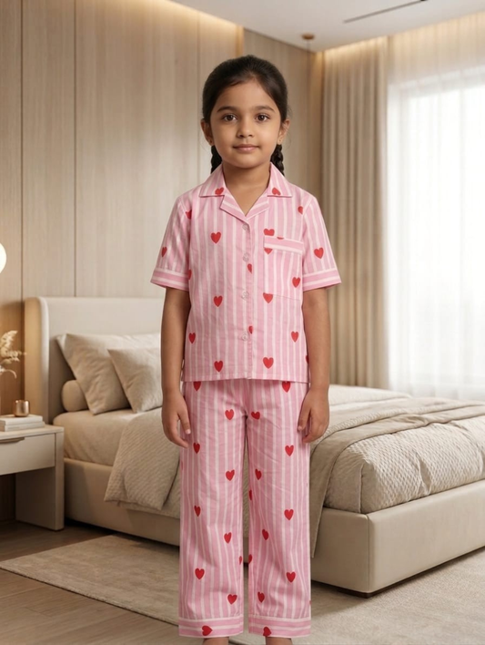Girls Pink Printed Cotton Night Suit Set