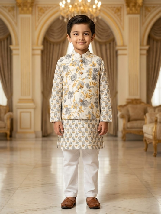 Boys Cream Gold Floral Nehru Jacket Kurta Pajama Set