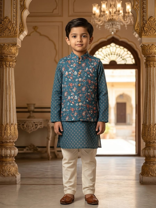 Boys Teal Floral Print Kurta Pajama Set