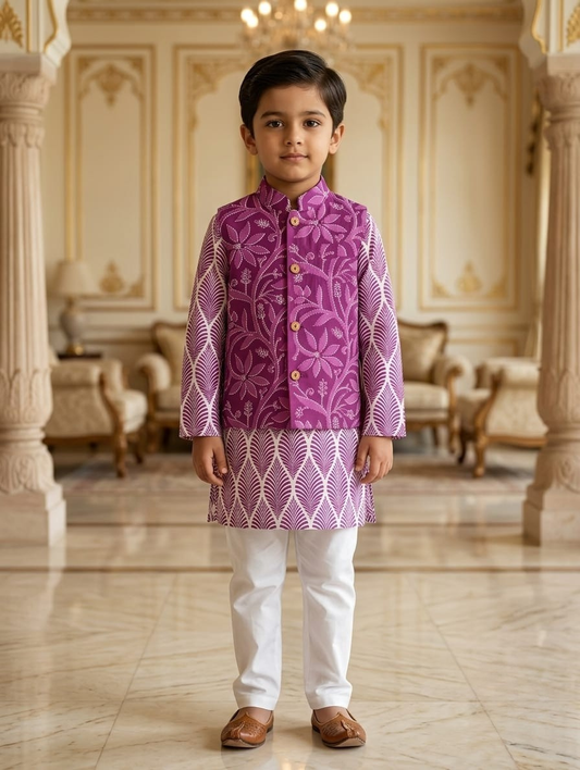 Boys Purple Floral Nehru Jacket Kurta Pajama Set