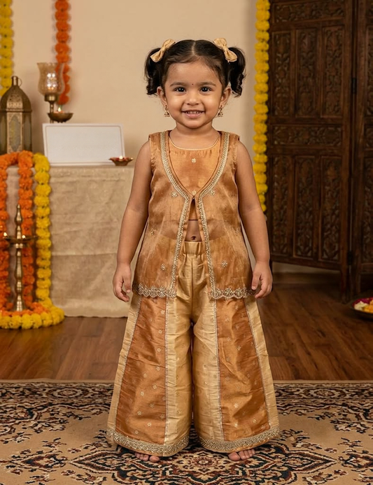 Girls Gold Embroidered Palazzo Set