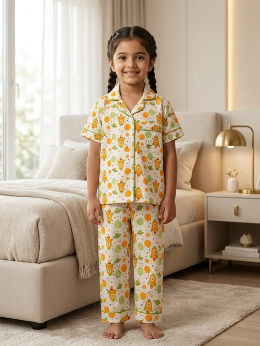 Girls Yellow Lemon Print Cotton Night Suit Set