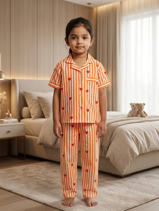 Girls Orange Stripe Cotton Night Suit Set