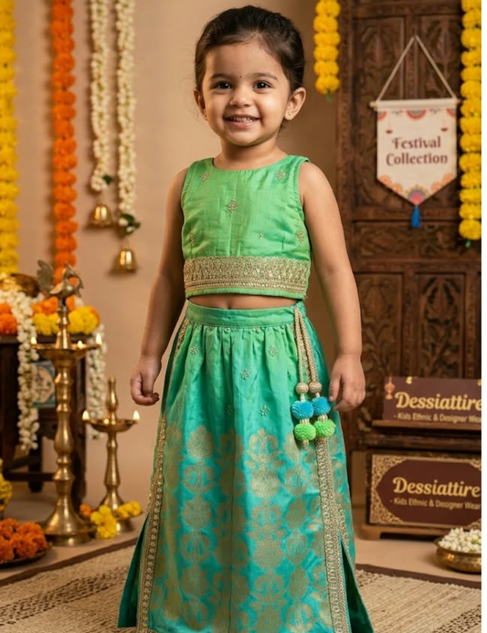 Green Lehenga Set For Kids Girl