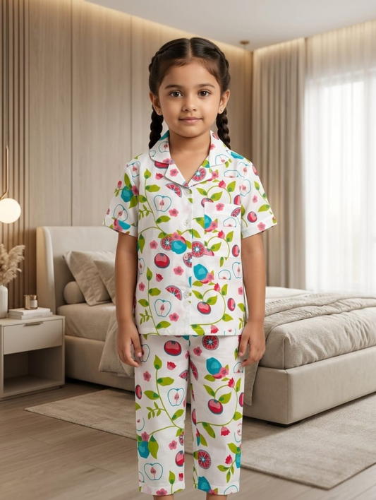 Girls White Cartoon Print Cotton Night Suit Set