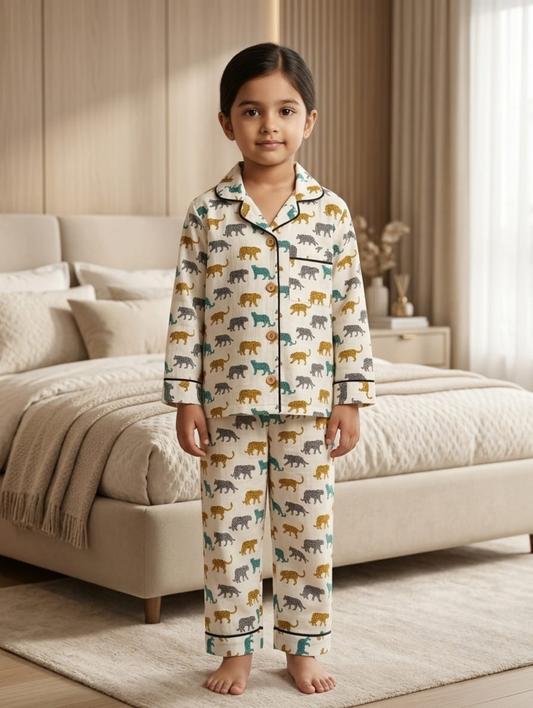 Girls Cream Bear Print Cotton Night Suit Set