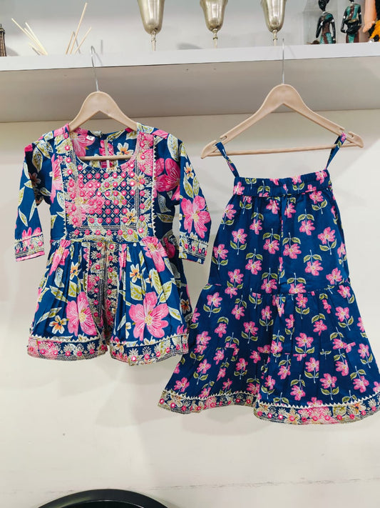 Blue Cotton Embroidery Floral Sharara Set For Kids Girl
