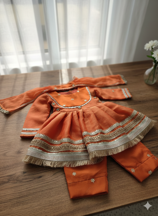 Rust Tissue  Kurti Pant Set For Kids Girl