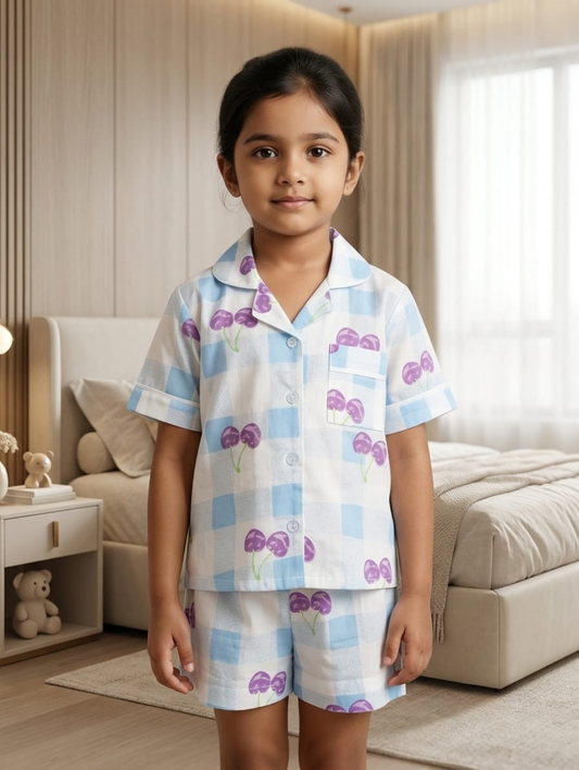 Girls White Vehicle Print Cotton Night Suit Set
