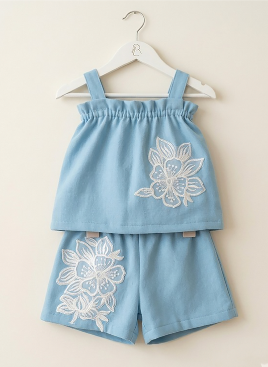 Blue Embroidered Cotton Shorts Co-Ord Set for Girls