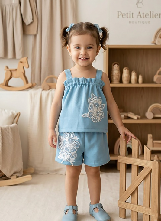 Blue Embroidered Cotton Shorts Co-Ord Set for Girls