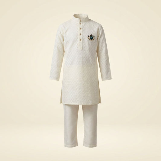 Off White Cotton Self Weaving Kurta Set For Kids Boy