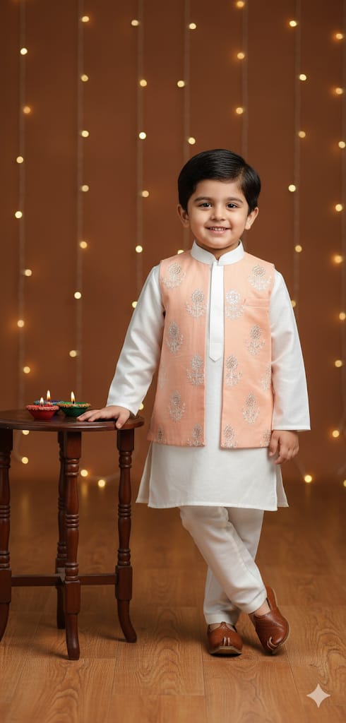 Off White Cotton Kurta With Embroidery Work Attached Jacket Set For Kids Boy