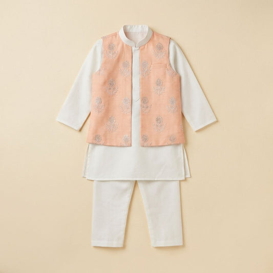 Off White Cotton Kurta With Embroidery Work Attached Jacket Set For Kids Boy