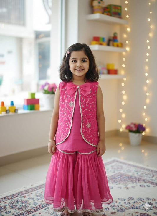Hot Pink Organza  Sharara Set For Kids Girl