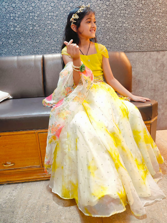 Yellow Organza Tye N Dye Skirt N Crop Top For Kids Girl
