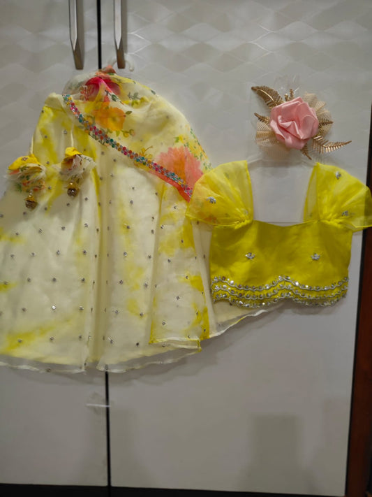 Yellow Organza Tye N Dye Skirt N Crop Top For Kids Girl