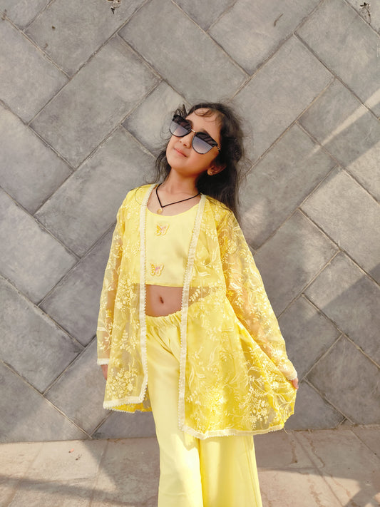 Yellow Coord Set Wit Jacket For Kids Girl
