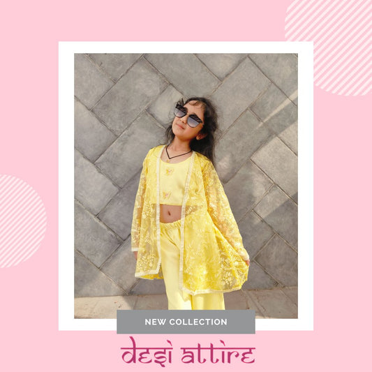 Yellow Coord Set Wit Jacket For Kids Girl