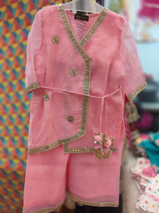 Pink Cotton Kota Doria Angrakha Plazzo Set For Kids Girl