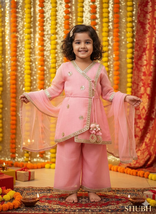 Pink Cotton Kota Doria Angrakha Plazzo Set For Kids Girl
