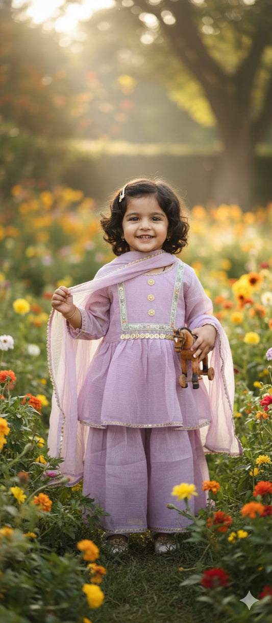 Light Purple Cotton Kota Doria Sharara Set For Kids Girl