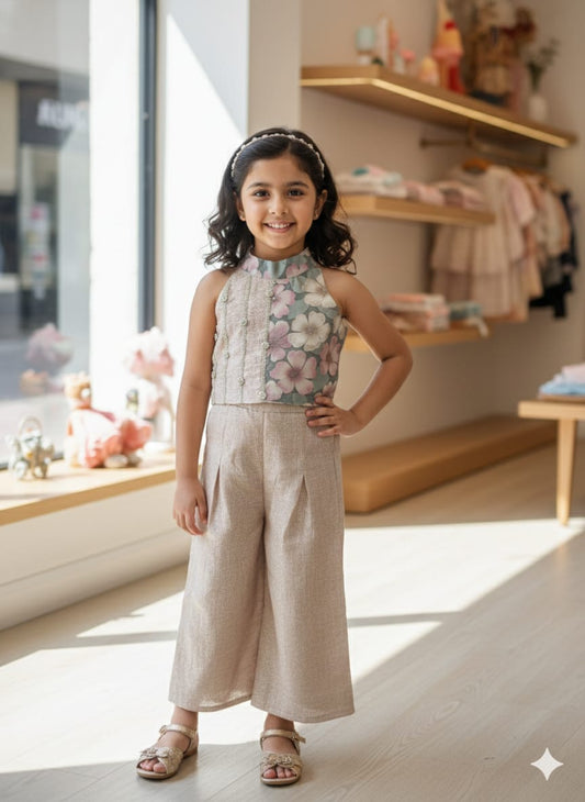 Rust Cotton Kota Tissue Halter Neck Coord Set For Kids Girl
