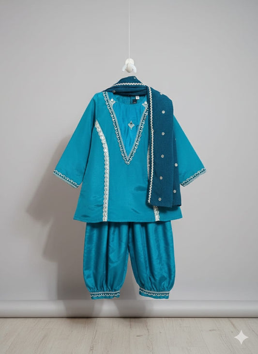 Teal Blue Cotton Afgani Pant Set For Kids Girl