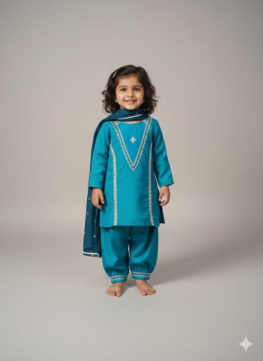 Teal Blue Cotton Afgani Pant Set For Kids Girl