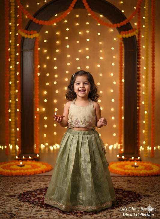 Green Cotton Tissue Doria Lahenga Set For Kids Girl