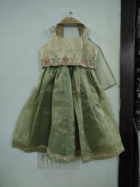 Green Cotton Tissue Doria Lahenga Set For Kids Girl
