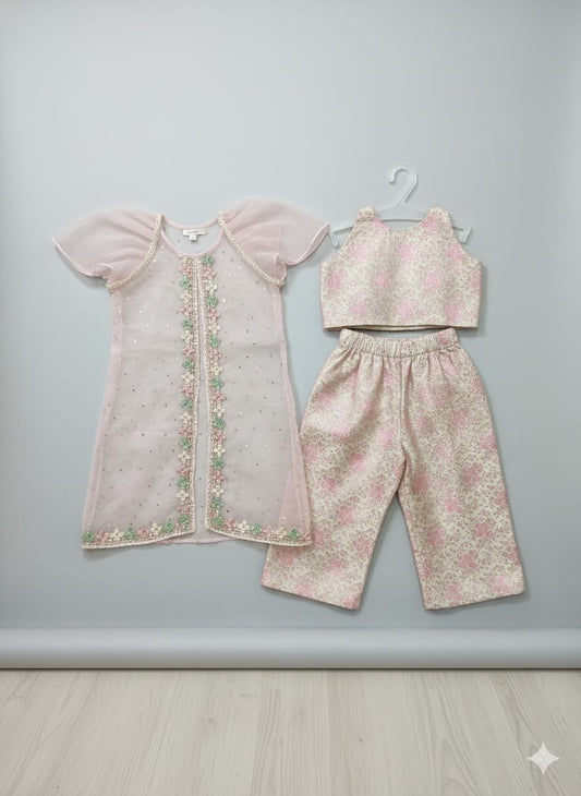 Pista Green Cotton Brocade Kurti Pant For Kids Girl