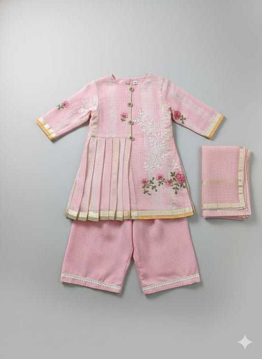 Peach Cotton Embroidery Kurti Pant Set For Kids Girl