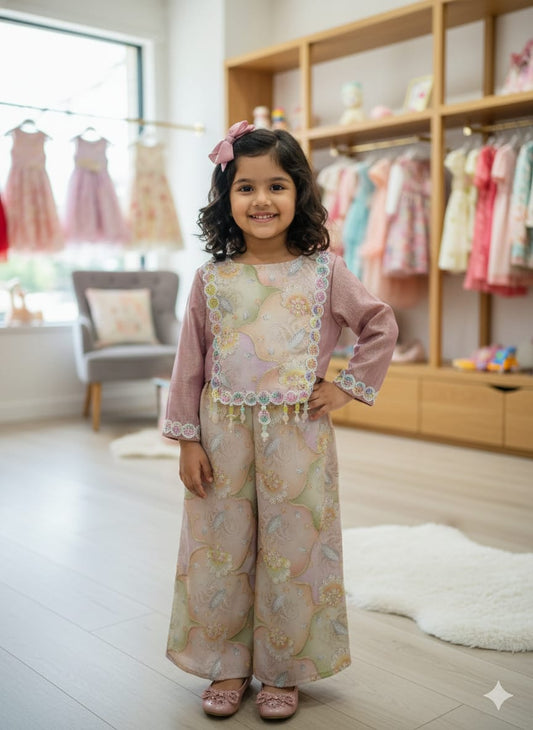 Onion Pink Cotton Tissue Kurti With Printed Coord Set For Kids Girl