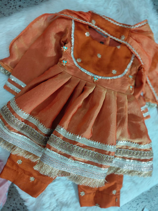 Rust Tissue  Kurti Pant Set For Kids Girl