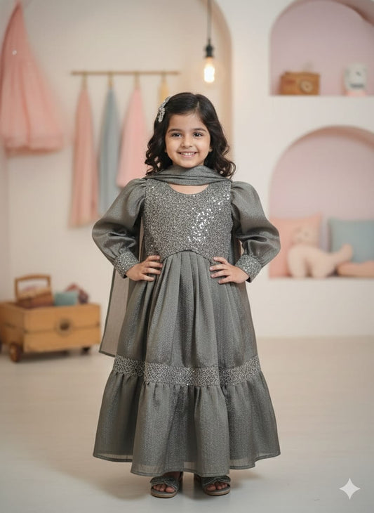 Grey Cotton Sequence Lahenga Set For Kids Girl