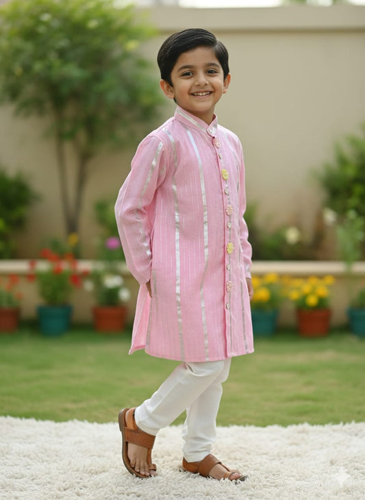 Light Pink Cotton Lurex Kurta Pajama For Kids Boy